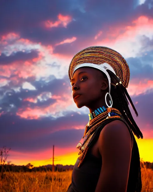 Prompt: centered medium shot fine studio photograph of a beautiful black girl wearing only a mecha Maasai helmet with bright lights, ultra-realistic, white background, 8k HDR sunset lit, intricate