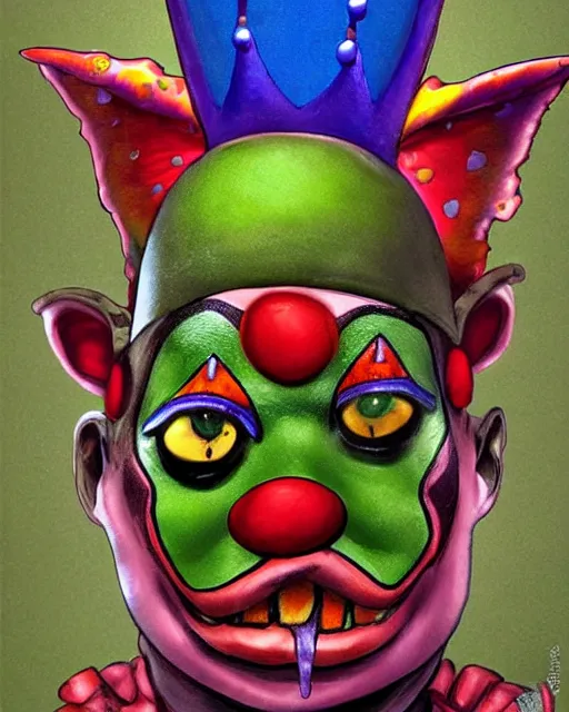 Image similar to clown frog king pulls the sword from the stone, clown frog king wearing clown makeup and rainbow wig, clown crown artwork by Glenn Fabry