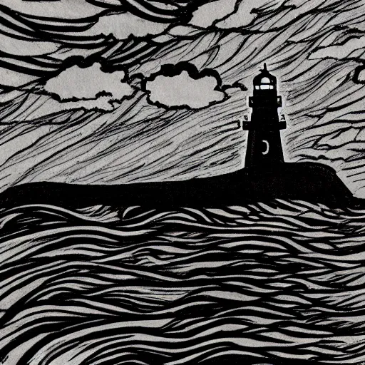 Prompt: lighthouse on stormy coast, in the style of Junji Ito heavy black ink lines