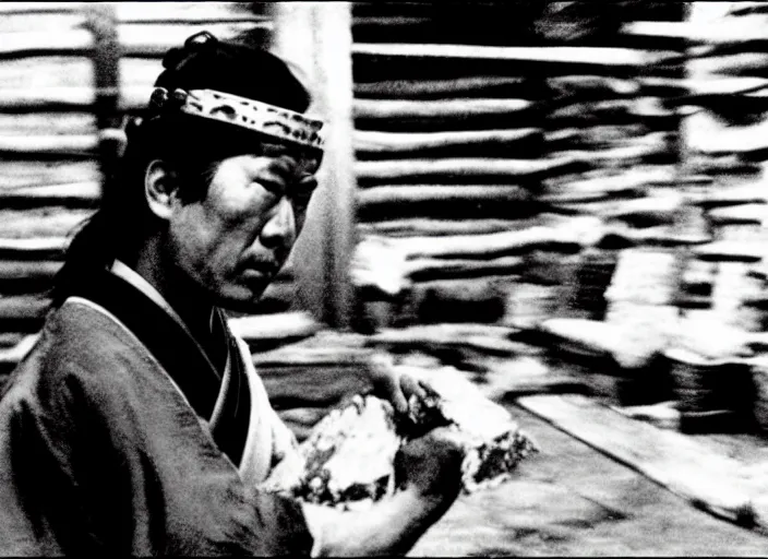 Image similar to a movie still of a samurai slicing through a loaf of bread, a movie by Akira Kurosawa