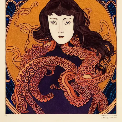 Image similar to ivan bilibin and edmund dulac and ilya kuvshinov inspired print of octopus