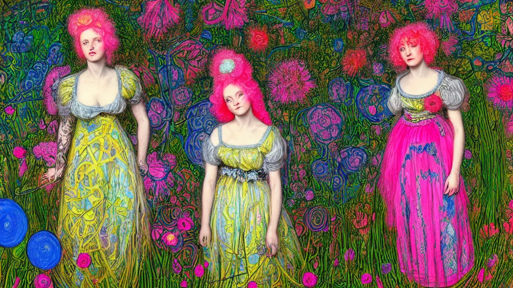 Image similar to photo-realistic portrait of two young women with neon pink hair, wearing a neon blue dress by Vivienne Westwood, standing in a garden full of psychedelic flowers, intricate details, in the style of John Everett Millais, black background