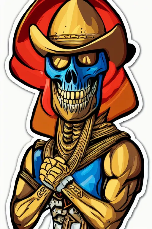 Image similar to A portrait of a skeletor that is a cowboy, sticker, colorful, illustration, highly detailed, smooth and clean vector curves, no jagged lines, vector art, smooth