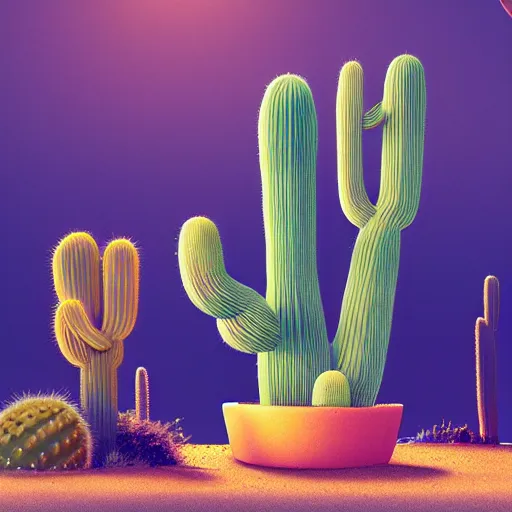 Prompt: cactus family, poster vintage, illustration, bioluminescence, vegetation, water bubbles, portrait, full shot, rim light, pixar, octane render,