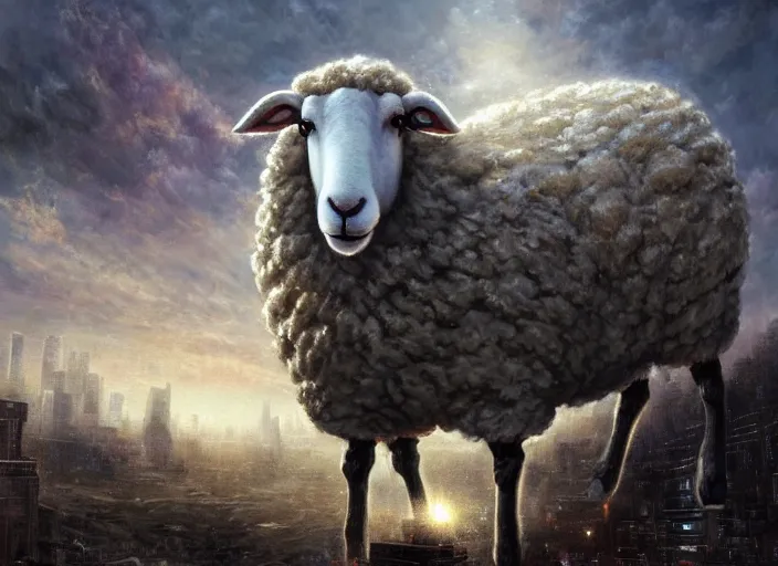 Prompt: a giant sheep in a city being destroyed, cosmic horror painting, elegant intricate digital painting artstation concept art by mark brooks and brad kunkle, extreme detail 4 k