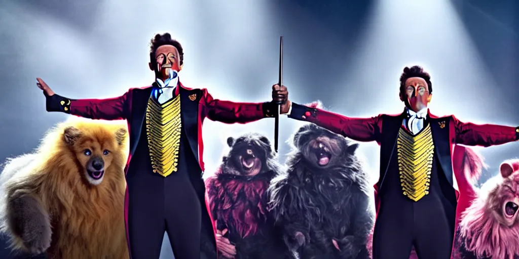 Prompt: Hugh Jackman in Greatest Showman standing 6 feet from a plink fluffy furry monster making silly faces on a stage with spotlights, movie still