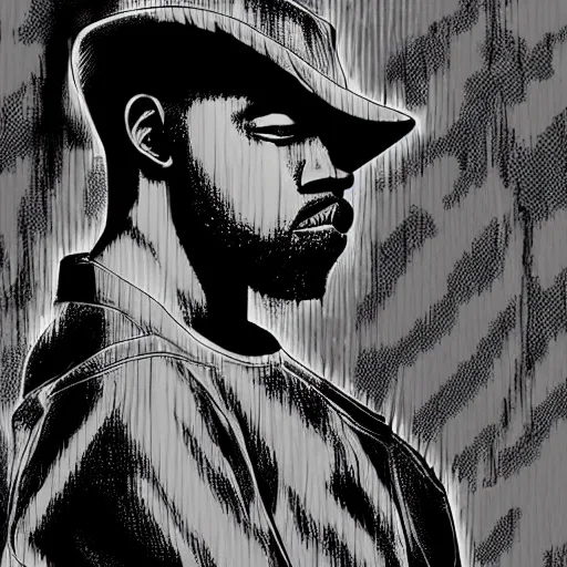 Prompt: manga panel of kanye west in the style of kentaro miura, 8 k, 4 k, masterpiece, trending on artstation