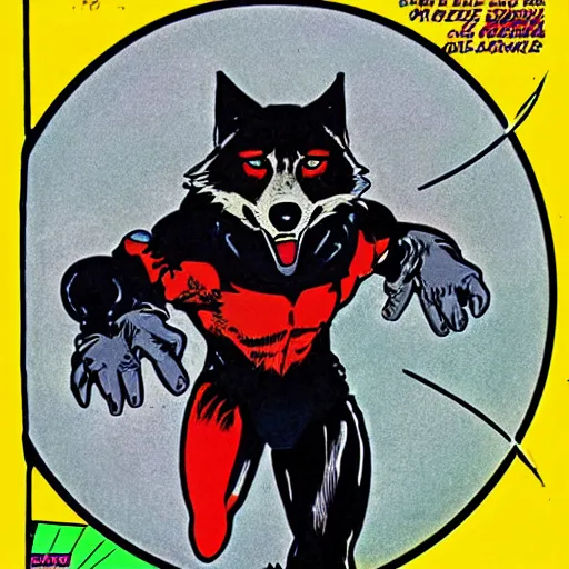 Image similar to 1 9 8 0 s comic book cover scan featuring a portrait of villain male wolf o'donnell anthropomorphic wolf furry fursona from starfox wearing a dark space mercenary uniform, dark grey wolf, handsome eyes, wolf o'donnell