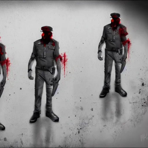 Image similar to zombie police security guard officers ( beige uniform and caps ) ( floating in red spectral aura ) wield uzis in ( brutalist concrete gray office ) trending on artstation high detail concept art digital painting 4 k 8 k hd