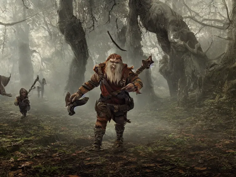 Image similar to Scaredy Cat Dwarf Ranger trips while running through Haunted Swamp, RPG Scene, Oil Painting, Trending on Artstation, octane render, Insanely Detailed, 8k, HD