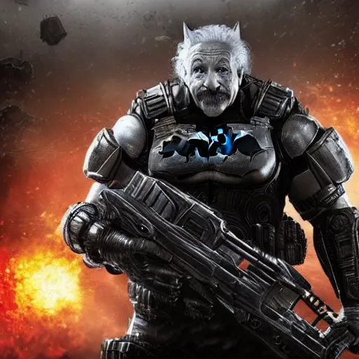 Image similar to 'Albert Einstein'! as (Batman) in Gears of War, splash art, movie still, detailed face, cinematic lighting, dramatic, octane render, long lens, shallow depth of field, bokeh, anamorphic lens flare, 8k, hyper detailed, 35mm film grain