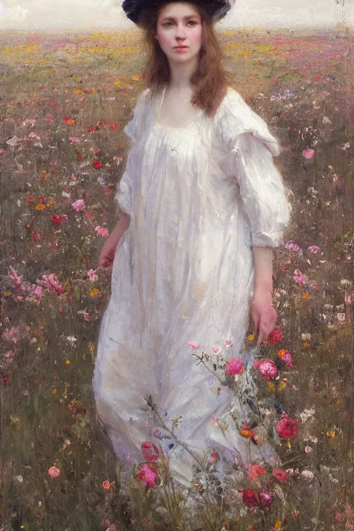 Image similar to Richard Schmid and Jeremy Lipking full length portrait painting of a young beautiful edwardian girl walking through a field of flowers