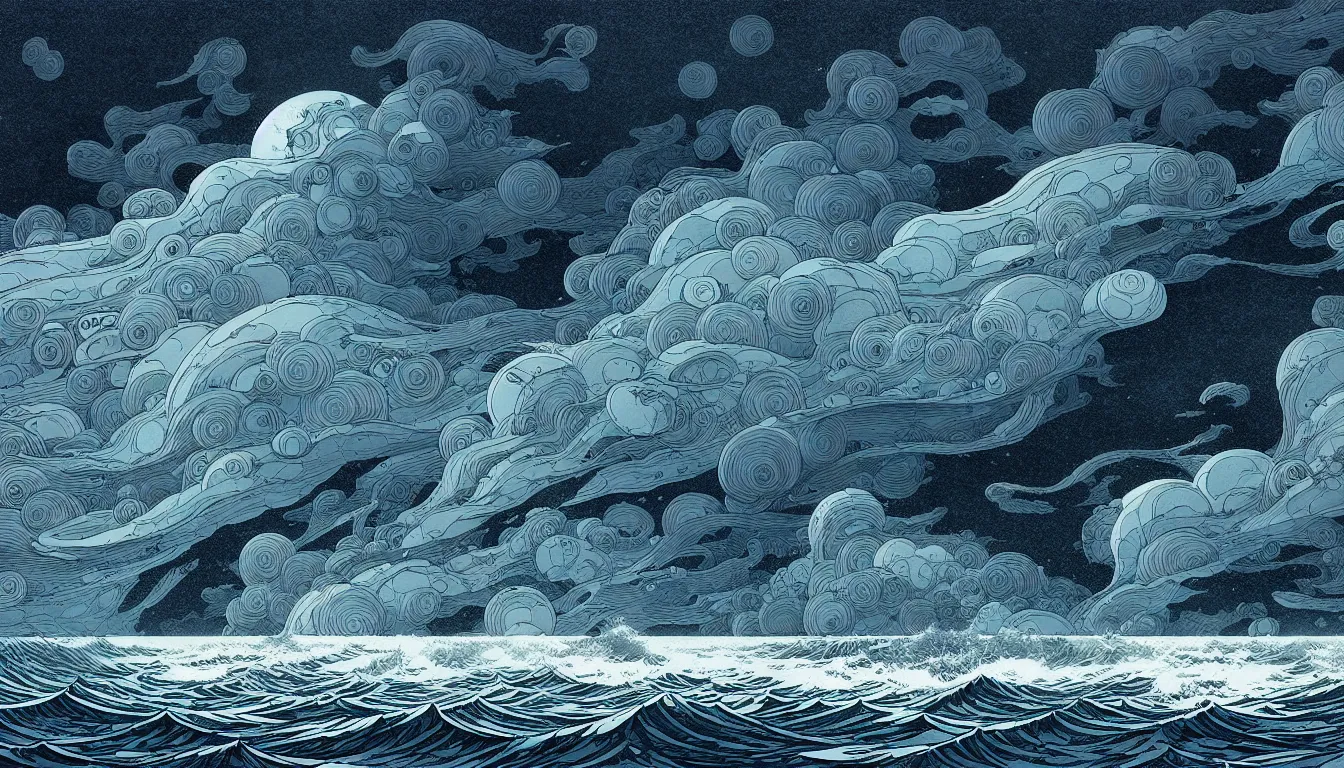 Image similar to storm at sea by nicolas delort, moebius, victo ngai, josan gonzalez, kilian eng