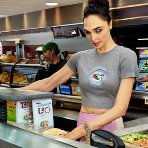 Prompt: Photo of Gal Gadot working the counter at Subway.