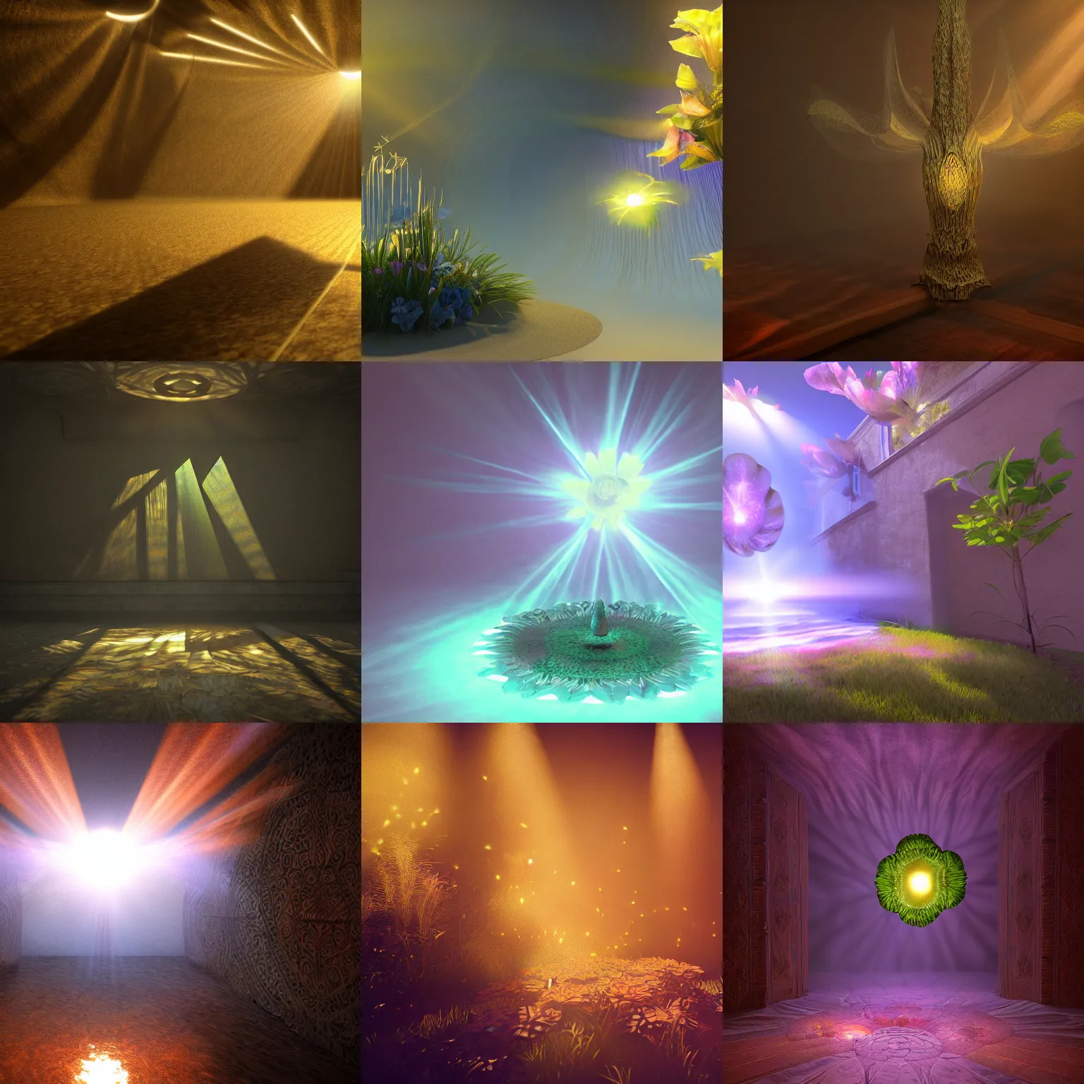 Prompt: exotic textured surreal living light flower, sunbeams shining, fantasy, magic, cinematographic, photorealistic pbr