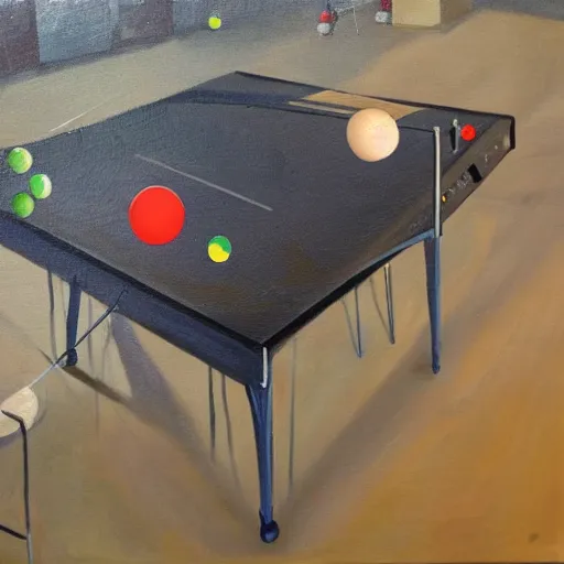 Image similar to to katter som spiller ping pong på oransje bakgrunn, oil painting