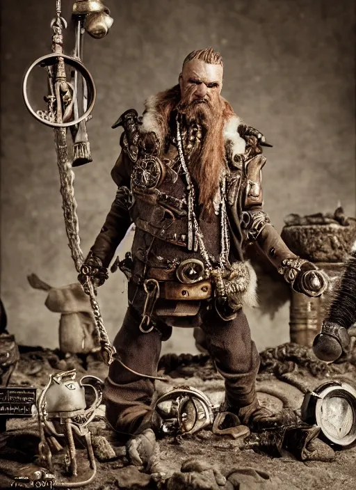 Image similar to 8 5 mm f 1. 8 photograph of a claymation steampunk brutal viking, highly detailed diorama, by erwin olaf and anton corbijn, smooth, sharp foccus, commercial photography, fashion shoot