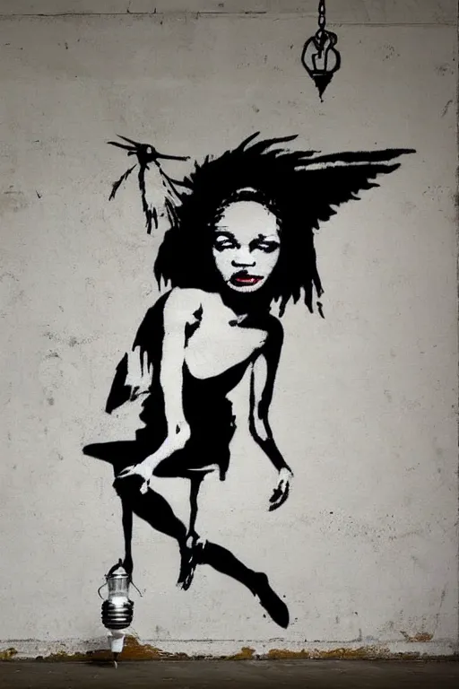 Prompt: a woman inside of an empty light bulb. the woman has wings. by banksy and basquiat