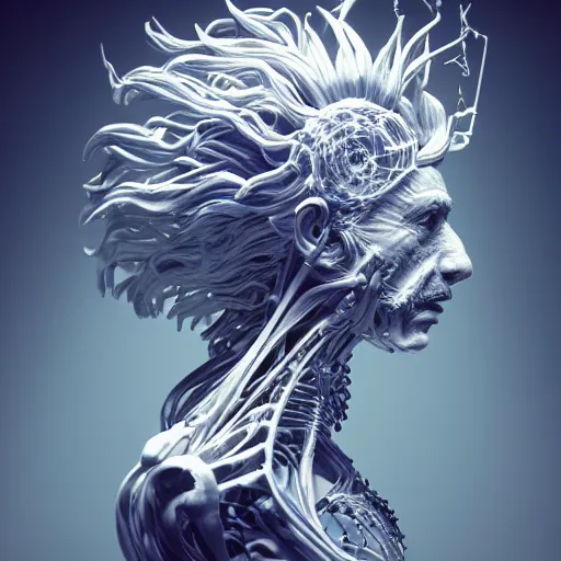 Image similar to masterpiece portrait ethereal biomechanical einstein with incredible technological hair, crystal incrustations, hyper - detailed face, elegant posed, intricate, octane render, cinematic lighting, cgsociety, unreal engine,