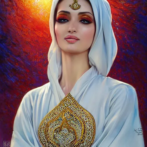 Image similar to a beautiful arabian woman wearing a white kaftan by karol bak, ayami kojima, artgerm, arabian beauty, blue eyes, smile, concept art, fantasy