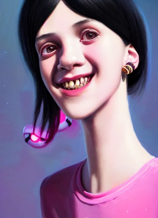 Image similar to portrait of high school girl, realistic, black hair, bangs, half updo hairstyle, pointy nose, skinny, smile, ugly, defined jawline, big chin, pink hair bow, earrings, intricate, elegant, glowing lights, highly detailed, digital painting, artstation, sharp focus, illustration, art by wlop, mars ravelo and greg rutkowski