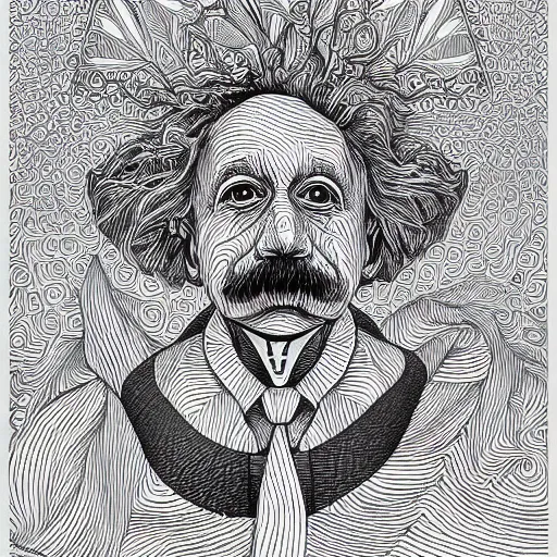 Prompt: Geometrically surreal Einstein, extremely high detail, photorealistic, intricate line drawings, dotart, album art in the style of James Jean