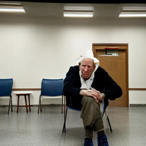 Image similar to wide angle portrait of werner herzog sitting alone in the waiting area of the dmv wearing a birthday hat. ultra wide angle, edward hopper, award winning, hyperrealistic, grand budapest hotel, studio lighting, very detailed face, chiaroscuro, film noir