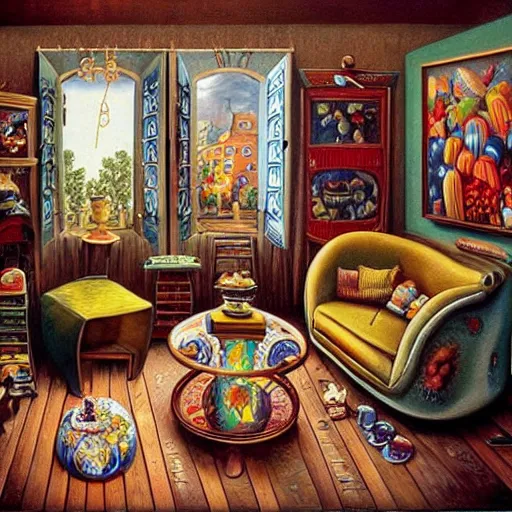 Prompt: a painting of a living room, a surrealist painting by jacek yerka, cgsociety, fantastic realism, surrealist, detailed painting