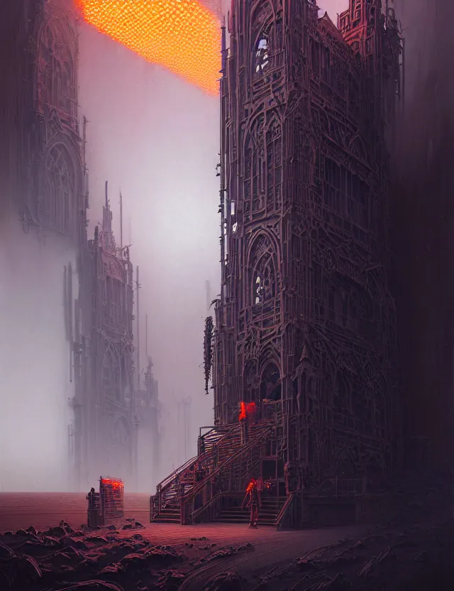 Image similar to detailed portrait, intricate complexity, by greg rutkowski, ross tran, conrad roset, takato yomamoto, ilya kuvshinov huge gothic crematorium on desert planet, elevator, side ramp entrance ambulance dead bodies, guards intricate, painting by lucian freud and mark brooks, bruce pennington, dark colors, neon, death, guards, nice style smoke