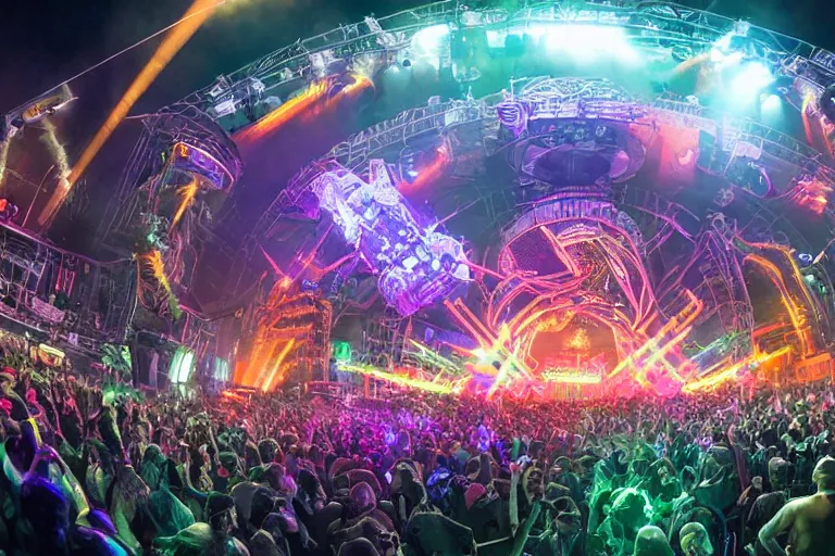 Image similar to a huge outdoor festival stage, center of the stage is a huge futuristic steampunk generators surrounded by steampunk machinery with huge loudspeakers, rock musicians on the stage, laser show, 8 k, fluorescent colors, halluzinogenic, multicolored, exaggerated detailed, unreal engine