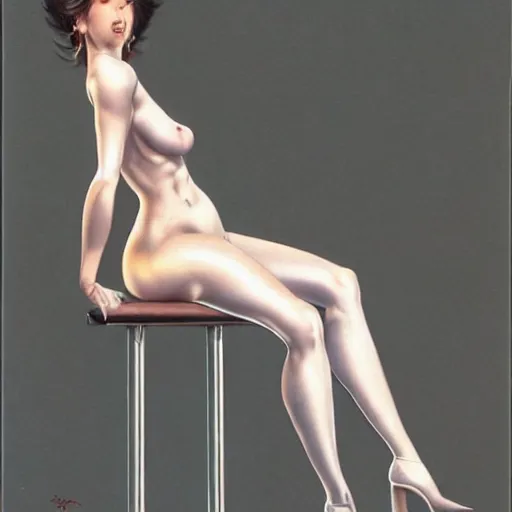 Image similar to artstation a woman seductively posing on a stool, by Hajime Sorayama, very detailed