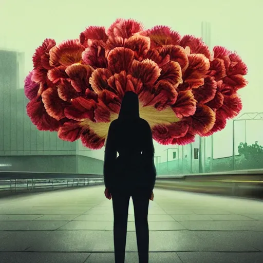 Image similar to giant carnation flower head, woman standing in metro station, surreal photography, dramatic light, impressionist painting, digital painting, artstation, simon stalenhag