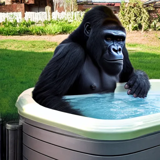 Image similar to joe rogan as a gorilla sitting in a hot tub