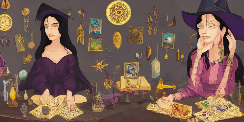 Image similar to a young black haired witch performing a tarot card fortune telling in her room full of elixirs, magical talismans and charms, illustration in the style of kaye waldberg and matthew lyrett and maria garcia garta, artstation, pixiv, smooth curves and sharp edges, gorgeous lighting,