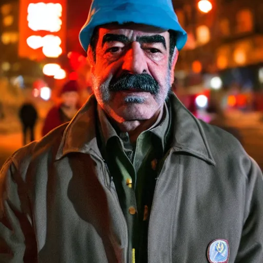 Prompt: Professional portrait of Saddam Hussein wearing a puffy pink jacket and a bucket hat in a snowy city street at night, 8k, dslr, cinematic,