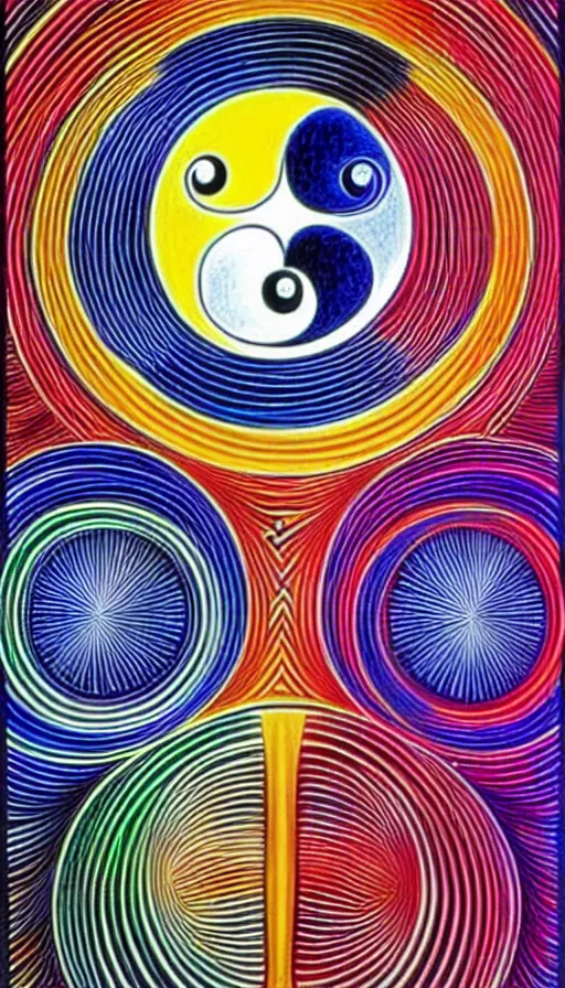 Prompt: Abstract representation of ying Yang concept, by Alex Grey ,