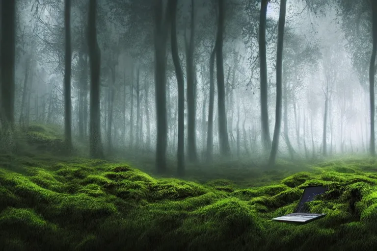 Image similar to human skeleton behind computer overgrown with moss, in foggy forest, at night, dark atmosphere, fantasy illustration, digital art