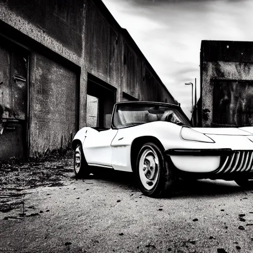 Image similar to black and white press photograph of a rusted abandoned chevrolet corvette 2 0 2 2 on an empty abandoned city street, full view, detailed, natural light, mist, film grain, soft vignette, sigma 5 0 mm f / 1. 4 1 / 1 0 sec shutter, imax 7 0 mm footage