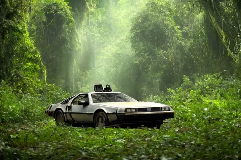 Image similar to movie scene where marty is flying the delorean trough a jungle of lush green trees