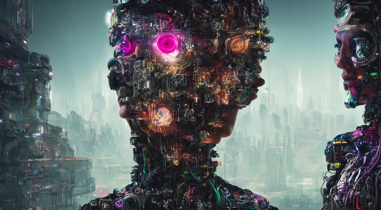 Image similar to portrait of a biophilic cyborg with psychedelic eyes, in background cyberpunk landscape, ultra realistic, concept art, intricate details, highly detailed, photorealistic, octane render, 8 k