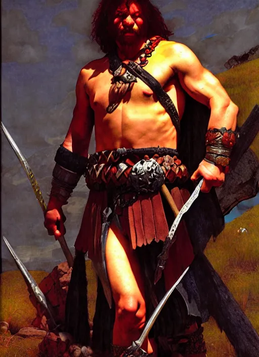 Image similar to barbarian, full body, dnd character art portrait, dramatic lighting, vivid colors by edgar maxence and caravaggio and michael whelan.