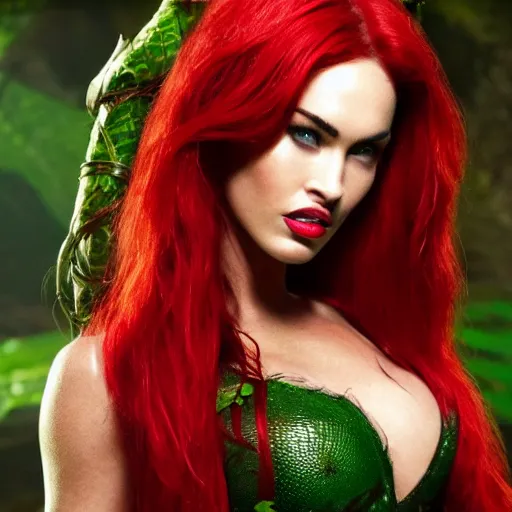 Image similar to stunning awe inspiring megan fox as poison ivy, movie still 8 k hdr atmospheric lighting