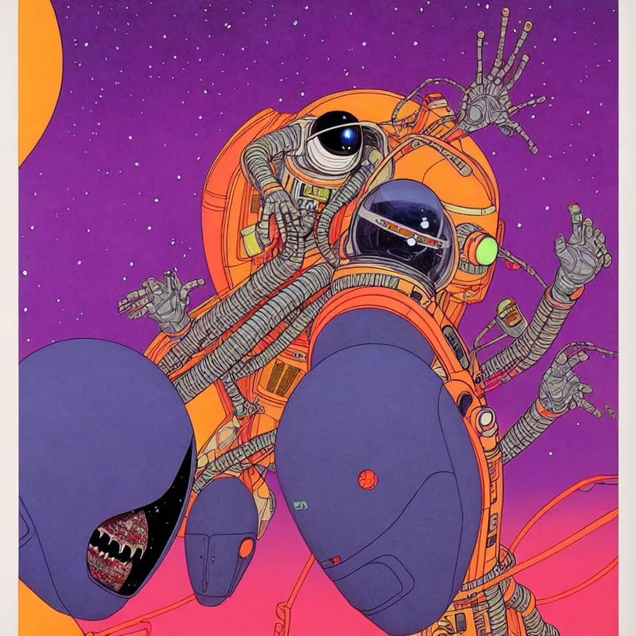 Image similar to ( ( ( ( ( alien king and astronaut talking face to face, side angle ) ) ) ) ) by mœbius!!!!!!!!!!!!!!!!!!!!!!!!!!!, overdetailed art, colorful, record jacket design