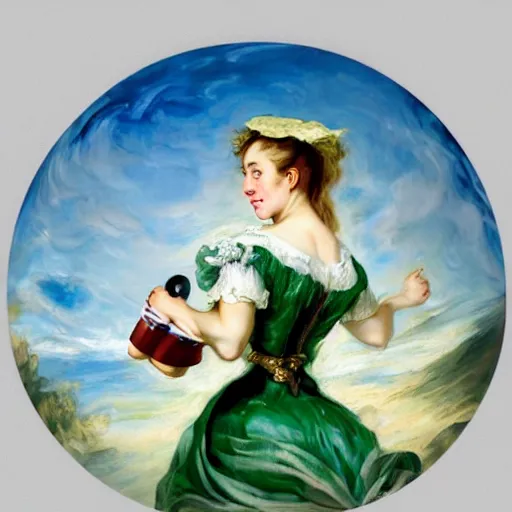 Image similar to heavenly summer sharp land sphere scallop well dressed lady holding a starbucks coffee cup, auslese, by peter paul rubens and eugene delacroix and karol bak, hyperrealism, digital illustration, fauvist, starbucks coffee cup green logo