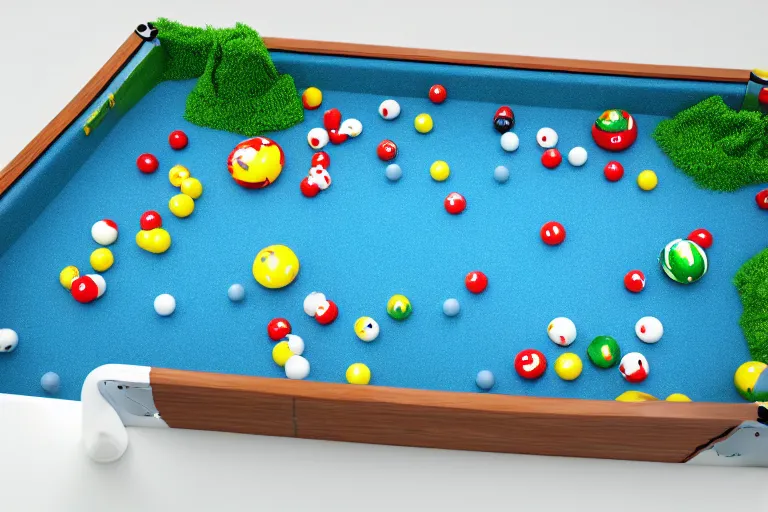 Prompt: fisher price pool table snowy jungle, octane render 85mm