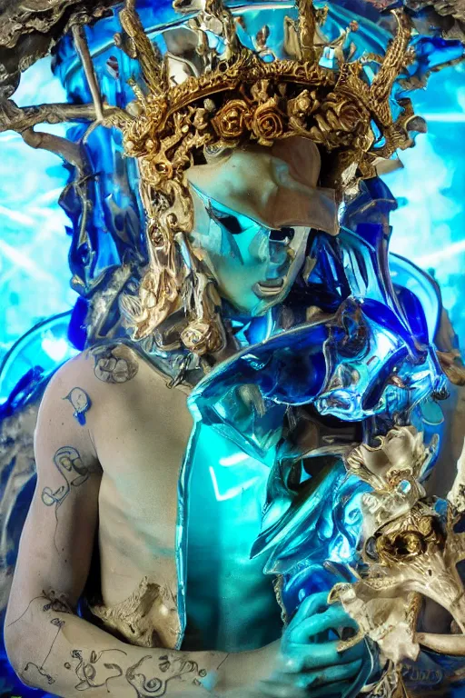 Prompt: a young handsome Spanish metal android with a large glowing blue lit crystal in the center of his chest, full-body bronze cyberpunk style statue of Icarus with glowing blue eyes, crown of mechanical peach roses, flowing teal-colored silk, fabric, steampunk flowers. baroque elements, human skull. full-length view. baroque element. intricate artwork by caravaggio. many flying horses on background. Trending on artstation, octane render, cinematic lighting from the right, hyper realism, octane render, 8k, depth of field, 3D