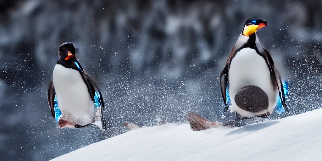 Image similar to ultrawide angle, high speed sporting photography of a penguin on a snowboard. extremely detailed, 8 k