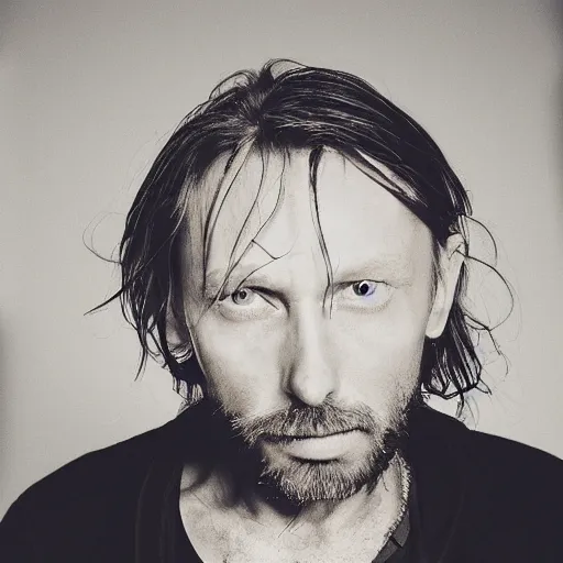 Image similar to Thom Yorke, a man with a beard and a black jacket, a portrait by John E. Berninger, dribble, neo-expressionism, uhd image, studio portrait, 1990s