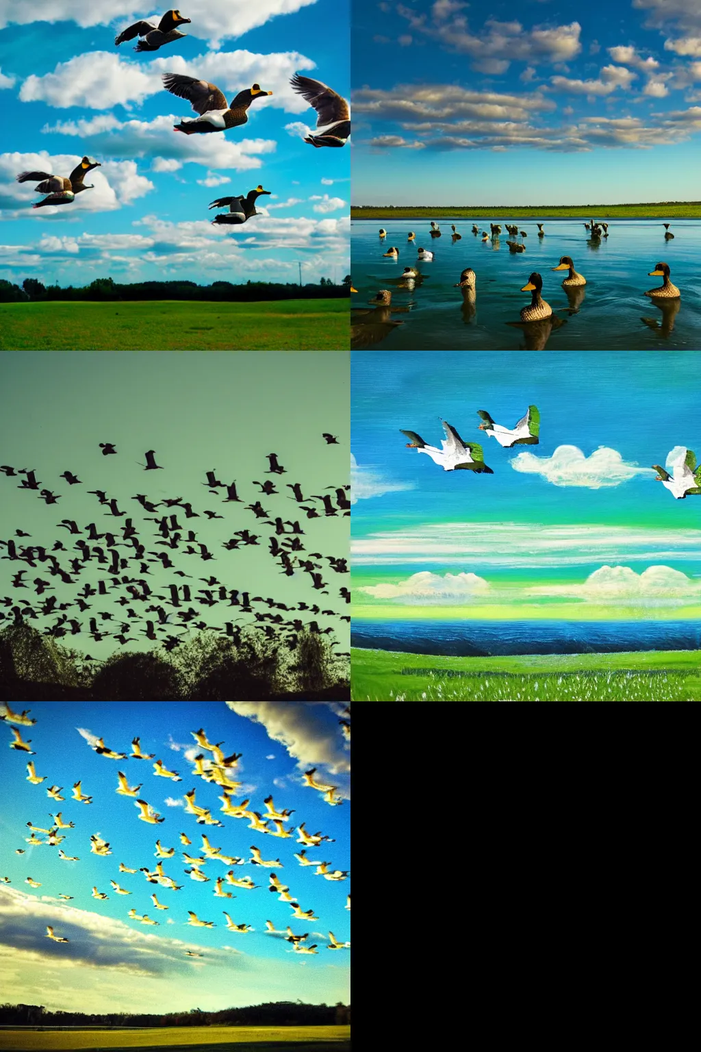 Prompt: sunny sky with green clouds flying ducks,