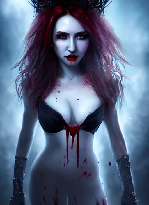 Image similar to beautiful full body portrait vampire queen highly detailed CGsociety subtle enchanting alluring blood magical concept art HDR hyper realistic volumetric lighting subsurface scattering unreal